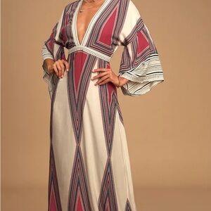 Lulus Montecito Women's Cream Kimono Sleeves Bohemian Maxi Dress Medium V-Neck